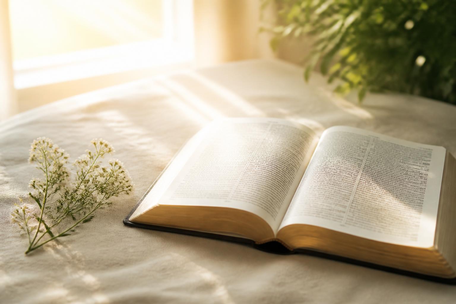 Alkitab terbuka diterangi cahaya pagi untuk Love With God